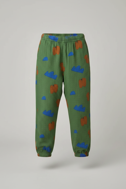 Pantalon Chino Vert Motif Nuages Coton Ample Enfant - vue 3