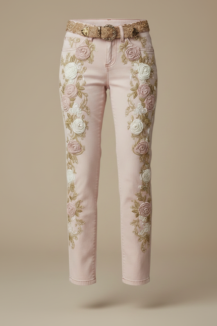 Pantalon Chino Rose Brodé Floral Slim Élégant - Gabardine - vue 3