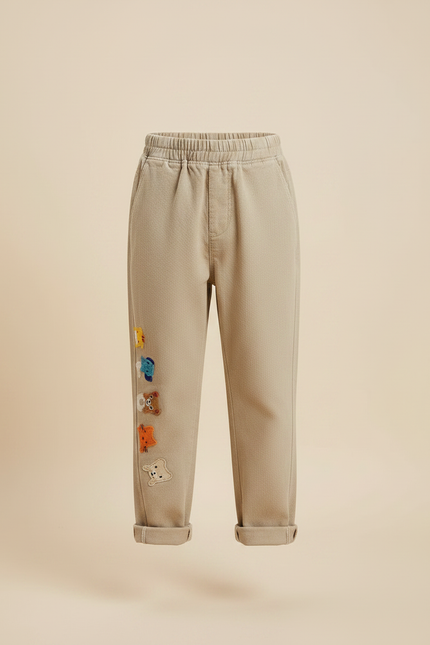Pantalon Chino Beige Ample Broderies Animaux Garçon - Gabardine - vue 3