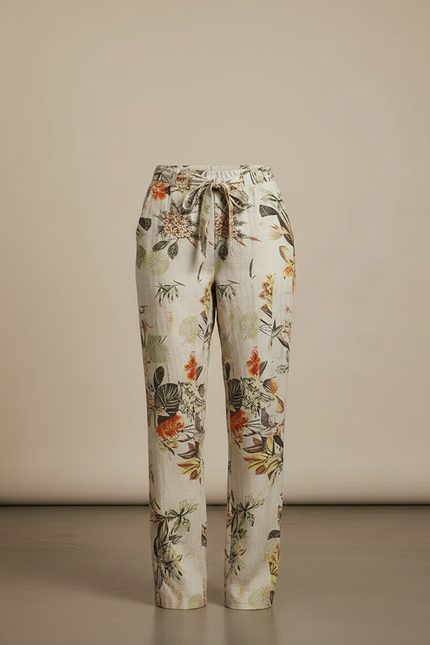 Pantalon Chino Beige Imprimé Floral Fluide Cordon - Lin - vue 3