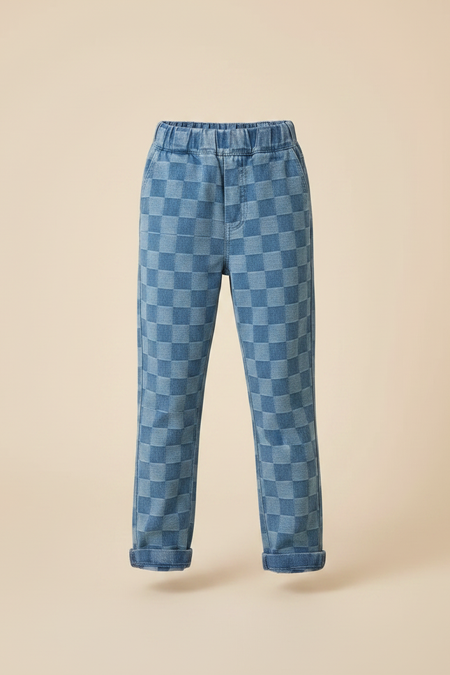 Pantalon Chino Carreaux Bleus Ample Décontracté Enfant - Jean - vue 3
