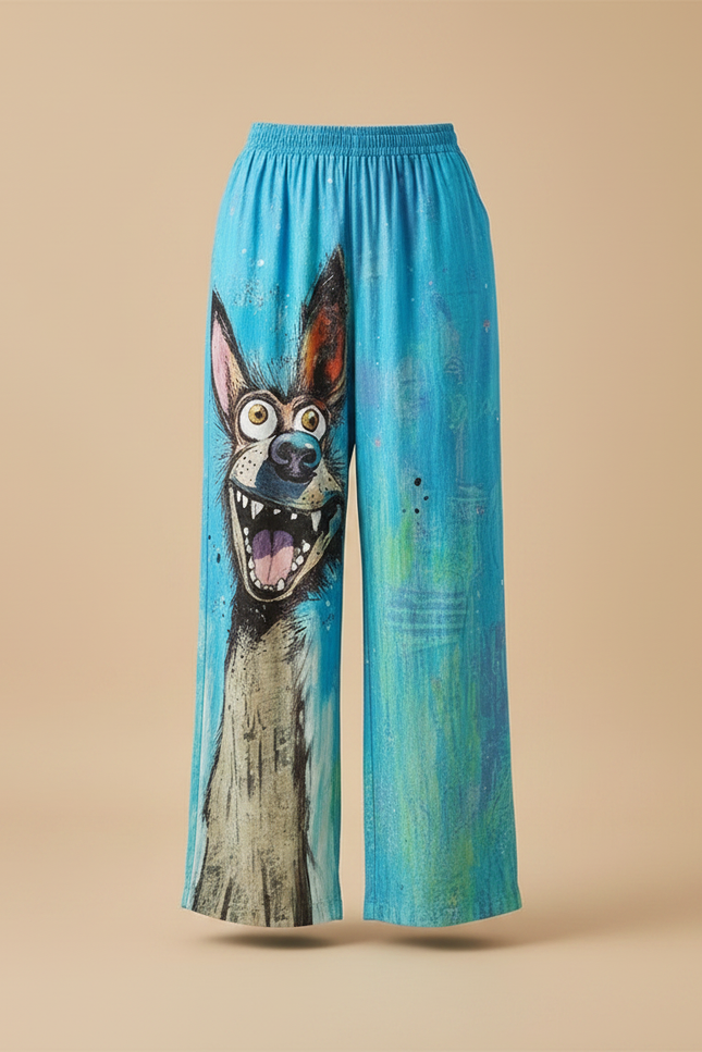 Pantalon Chino Bleu Imprimé Chien Ample Fluide - Viscose - vue 3