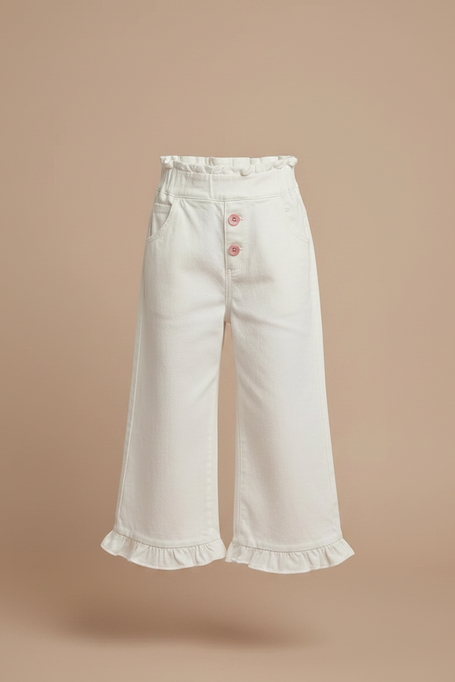 Pantalon Chino Écru Large Froncé Fille Boutons - Blanc Jean - vue 3