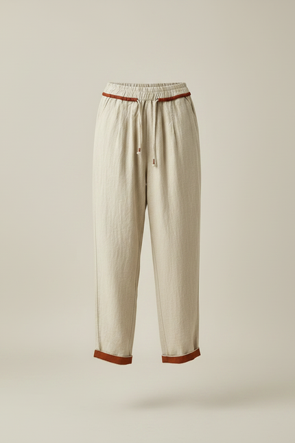 Pantalon Chino Beige Ample Coton Lin Décontracté - vue 3