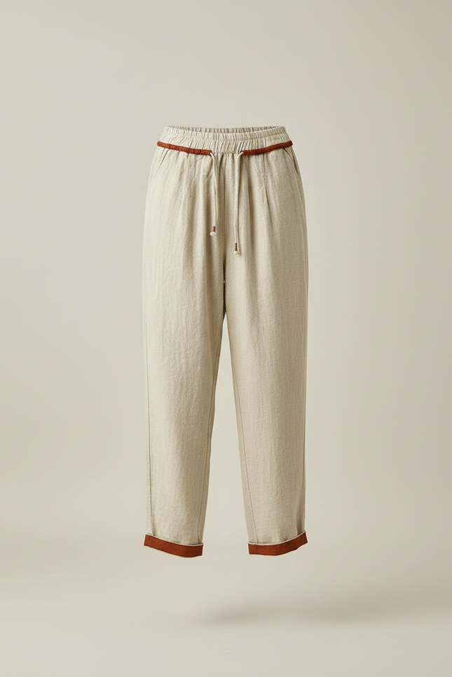 Pantalon Chino Beige Ample Coton Lin Décontracté - vue 3