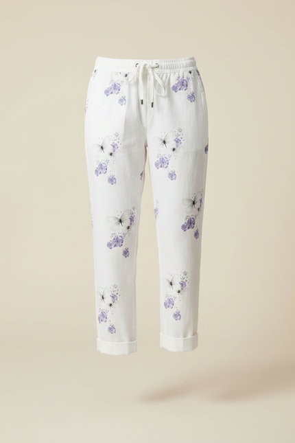 Pantalon Chino Blanc Lin Imprimé Papillons Fluide Femme - vue 3