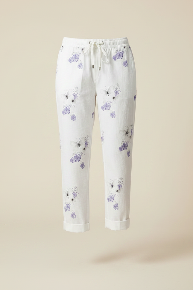 Pantalon Chino Blanc Lin Imprimé Papillons Fluide Femme - vue 3