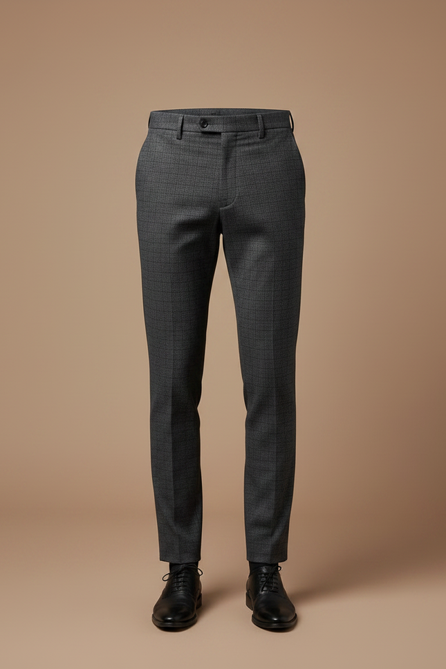 Pantalon Chino Gris Carreaux Slim Élégant Formel - Laine - vue 3