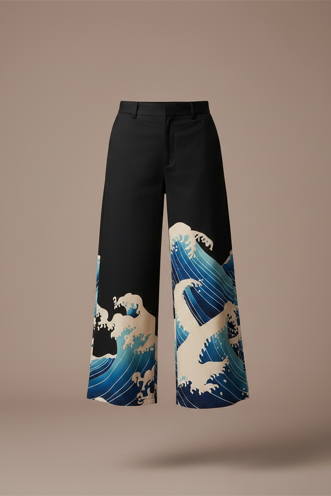 Pantalon Chino Noir Ample Imprimé Vague Japonais Fluide - Gabardine - vue 3