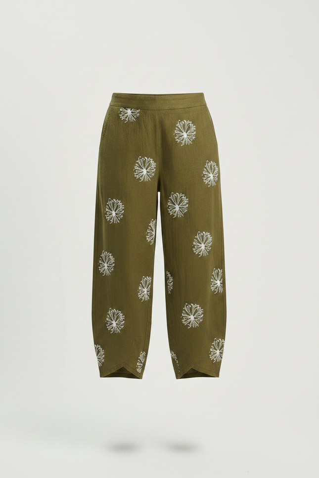 Pantalon Chino Vert Olive Brodé Ample Femme - Kaki Lin - vue 3