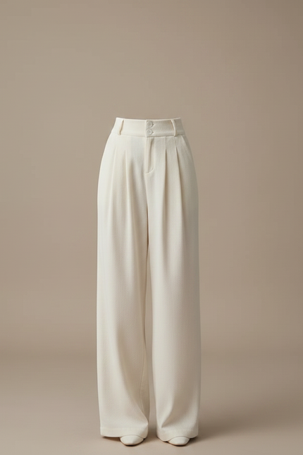 Pantalon Chino Écru Plissé Large Élégant Femme - Blanc Gabardine - vue 3
