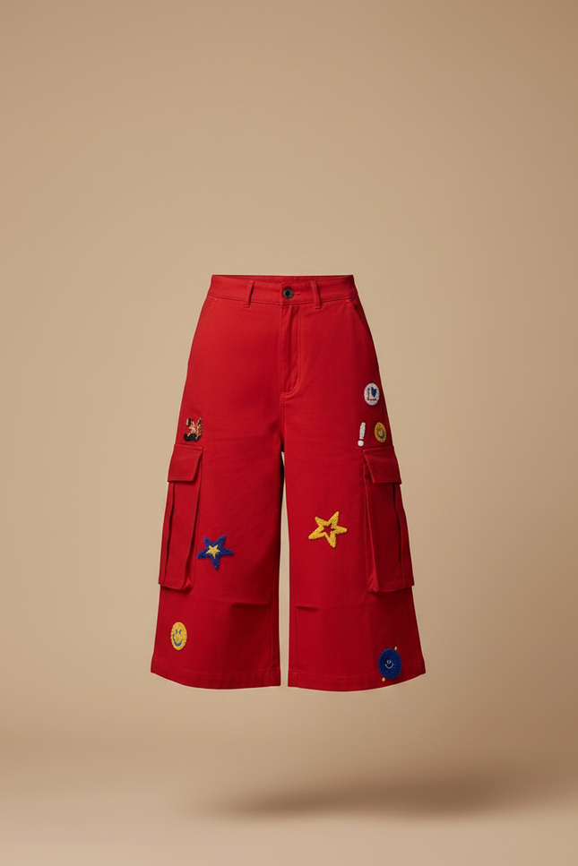 Pantalon Chino Rouge Brodé Ample Décontracté Femme - Gabardine - vue 3