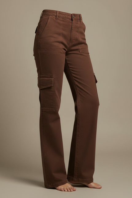 Pantalon Chino Marron Évasé Cargo Taille Haute Femme - Gabardine - vue 3