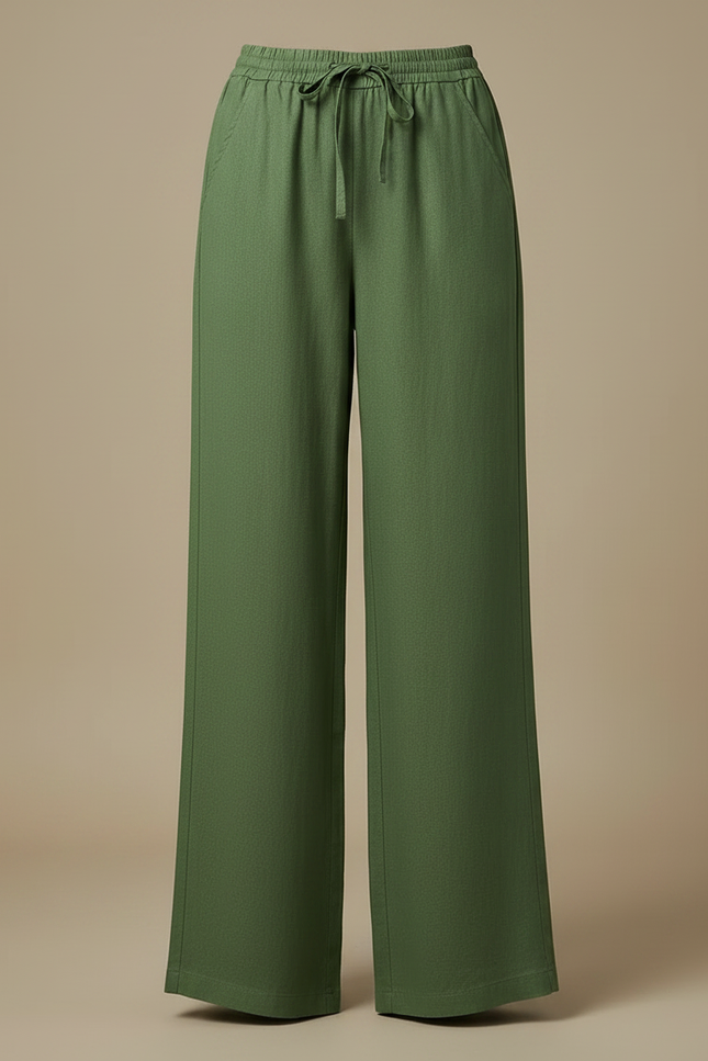 Pantalon Chino Vert Ample Cordon Lin Femme - vue 3