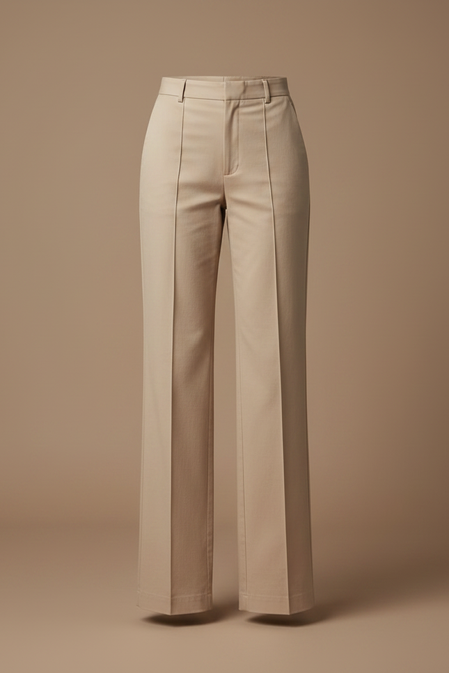 Pantalon Chino Beige Taille Haute Évasé Femme Élégant - Gabardine - vue 3