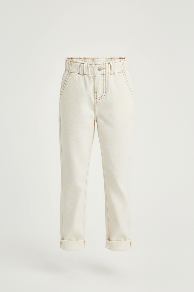 Pantalon Chino Écru Ample Coton Enfant Décontracté - Beige - vue 3