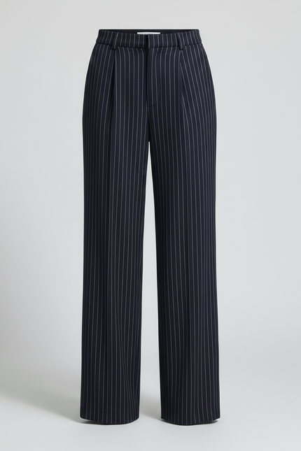 Pantalon Chino Femme Rayé Taille Haute Fluide Élégant - Marine Viscose - vue 3