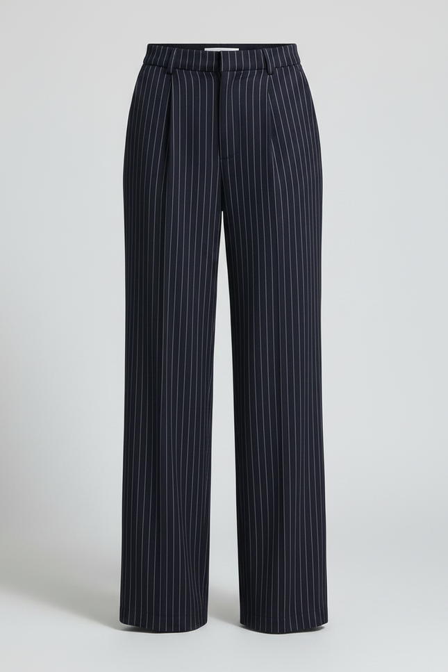 Pantalon Chino Femme Rayé Taille Haute Fluide Élégant - Marine Viscose - vue 3