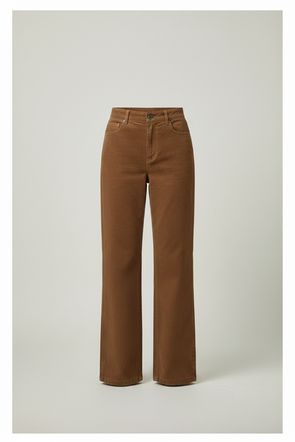 Pantalon Chino Marron Côtelé Taille Haute Ample Femme - Cordé - vue 3