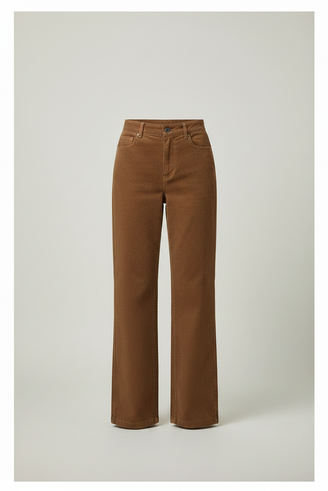 Pantalon Chino Marron Côtelé Taille Haute Ample Femme - Cordé - vue 3