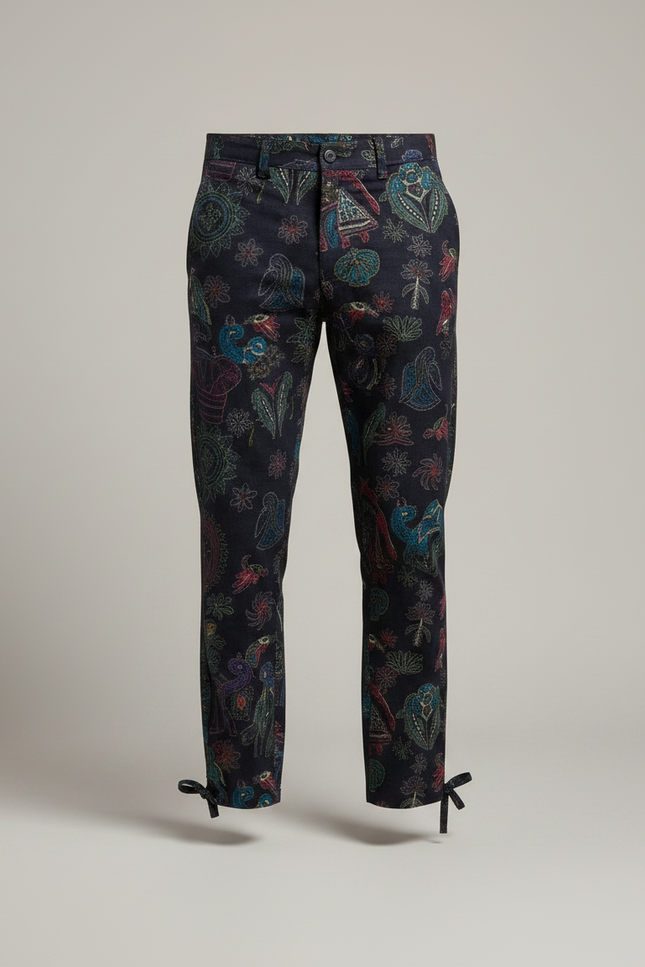 Pantalon Chino Noir Imprimé Ethnique Ample Décontracté - Coton - vue 3
