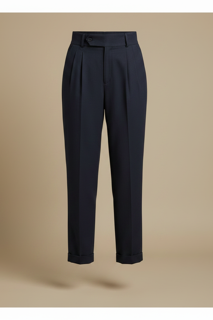Pantalon Chino Bleu Marine Plissé Taille Haute Femme - Gabardine - vue 3