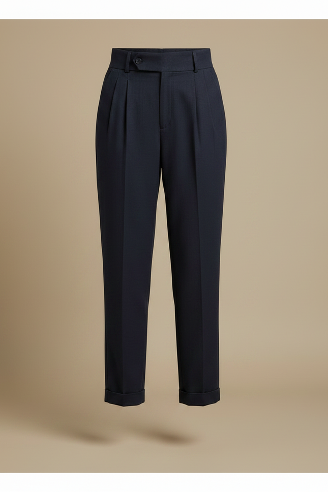 Pantalon Chino Bleu Marine Plissé Taille Haute Femme - Gabardine - vue 3
