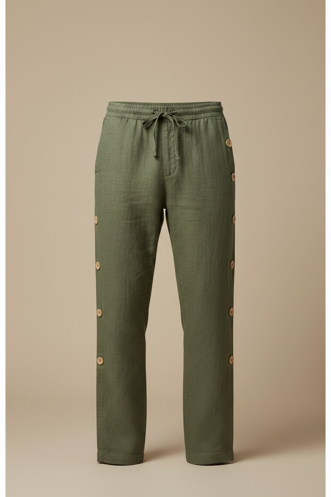 Pantalon Chino Vert Olive Lin Ample Boutons Décontracté - vue 3