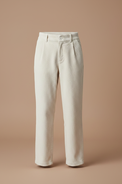Pantalon Chino Côtelé Écru Taille Haute Enfant - Beige Cordé - vue 3