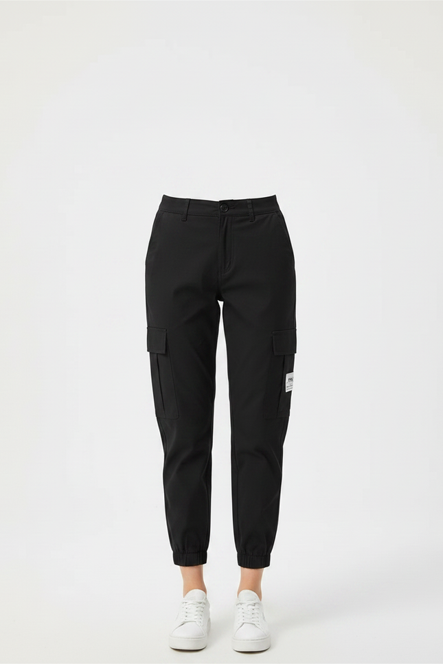 Pantalon Chino Noir Cargo Taille Haute Femme - Gabardine - vue 3