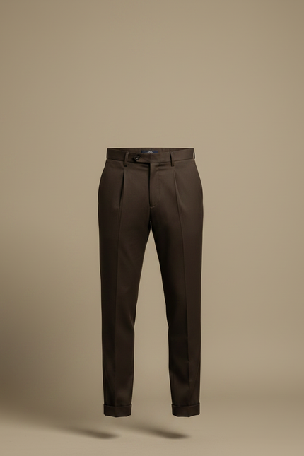Pantalon Chino Marron Plissé Élégant Slim Homme - Laine - vue 3