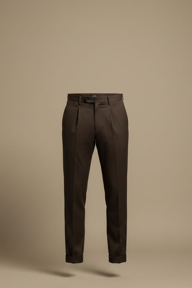 Pantalon Chino Marron Plissé Élégant Slim Homme - Laine - vue 3