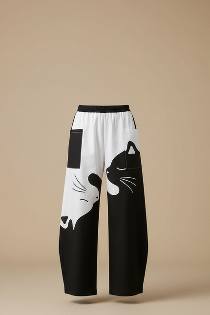 Pantalon Chino Ample Imprimé Chats Bicolore Décontracté - Coton - vue 3