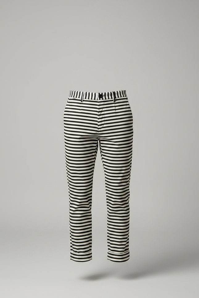 Pantalon Chino Rayé Noir Blanc Ample Décontracté Homme - Imprimé Coton - vue 3