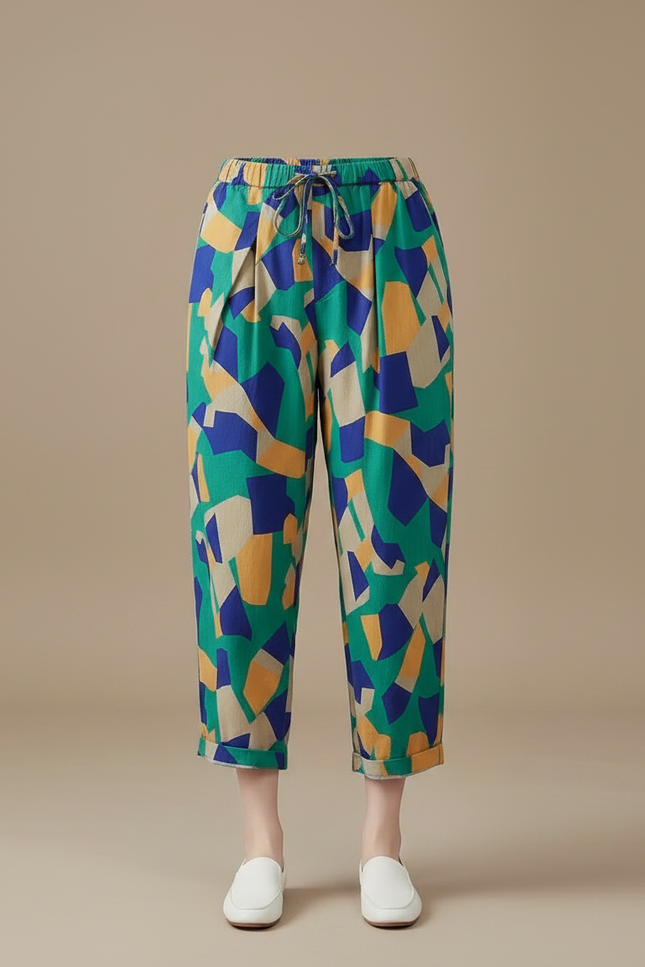 Pantalon Chino Lin Coton Ample Imprimé Géométrique Fluide - vue 3