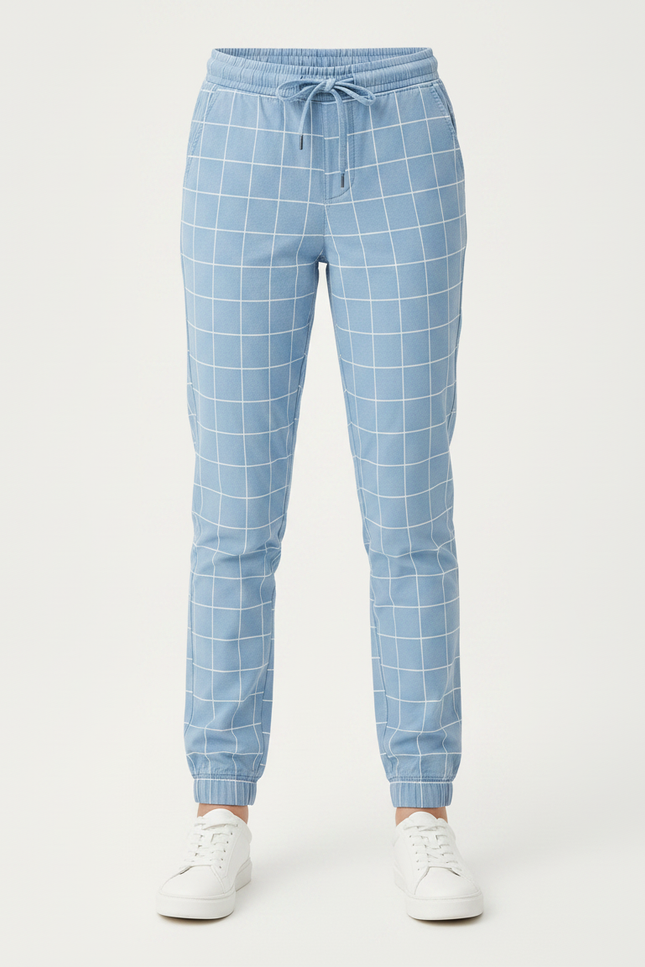 Pantalon Chino Bleu Carreaux Blancs Décontracté Fille - Gabardine - vue 3