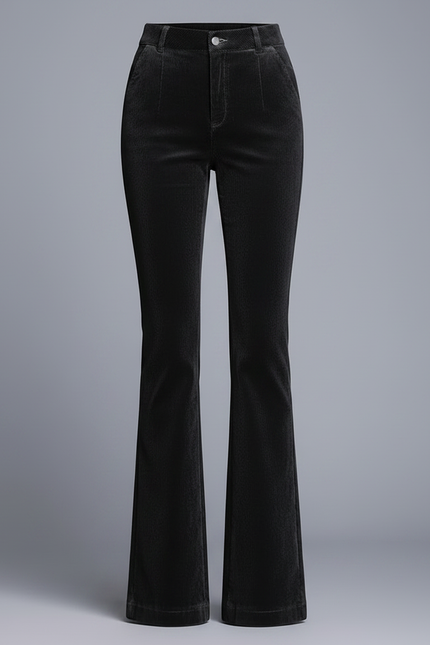 Pantalon Chino Noir Côtelé Évasé Femme Élégant - Cordé - vue 3