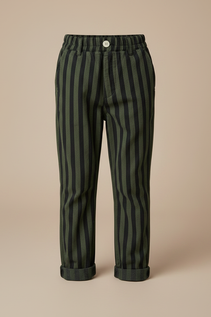 Pantalon Chino Rayé Vert Noir Ample Enfant - Multicolore Cordé - vue 3