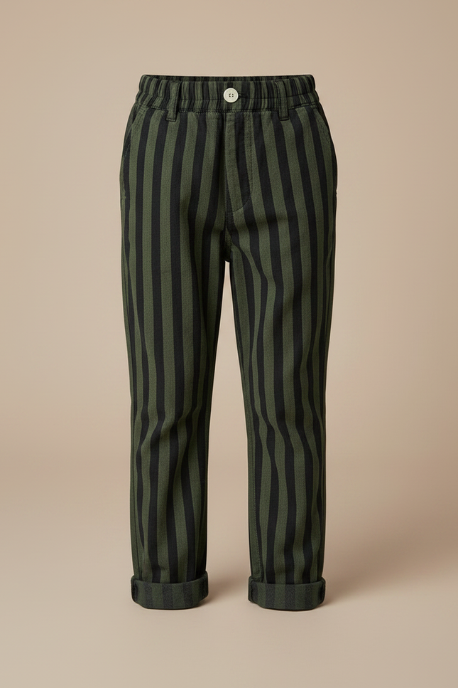 Pantalon Chino Rayé Vert Noir Ample Enfant - Multicolore Cordé - vue 3