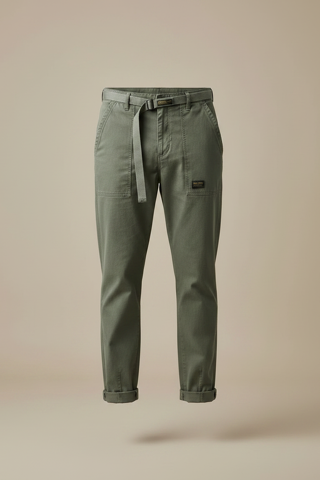 Pantalon Chino Vert Kaki Coton Décontracté Ceinturé Homme - Toile - vue 3