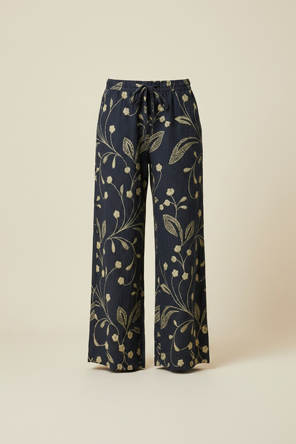 Pantalon Chino Large Imprimé Floral Bleu Marine Élégant Femme - Lin - vue 3