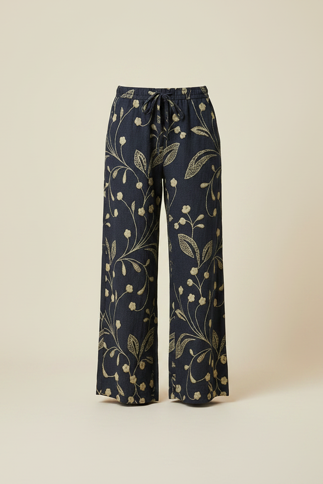 Pantalon Chino Large Imprimé Floral Bleu Marine Élégant Femme - Lin - vue 3