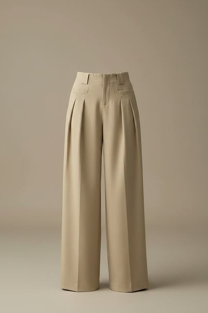 Pantalon Chino Beige Plissé Ample Taille Haute Femme - Gabardine - vue 3