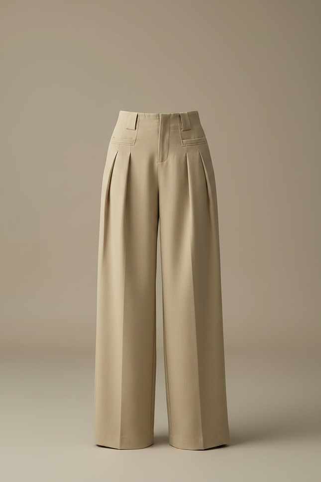 Pantalon Chino Beige Plissé Ample Taille Haute Femme - Gabardine - vue 3