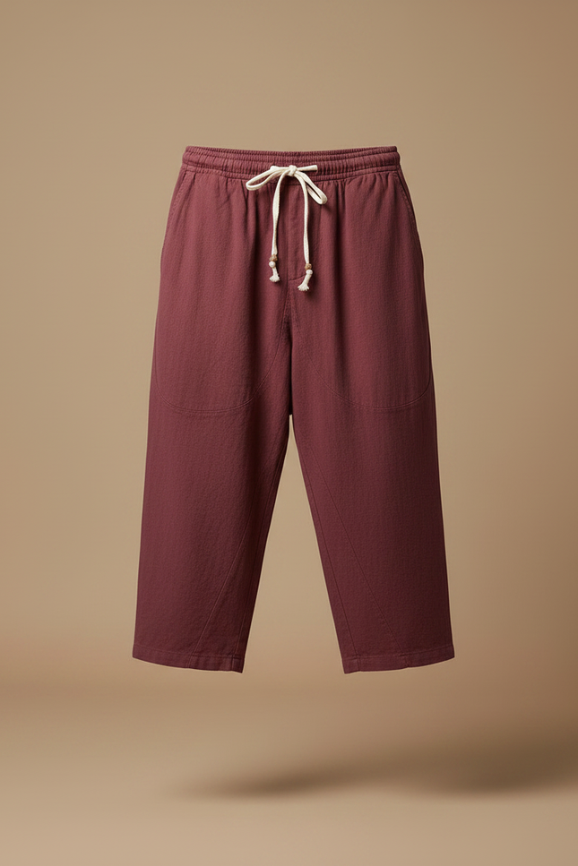 Pantalon Chino Homme Ample Lin Coton Court Bordeaux - vue 3