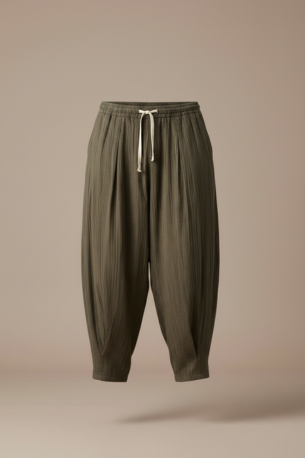 Pantalon Chino Vert Ample Coton Plissé Homme Décontracté - Kaki - vue 3
