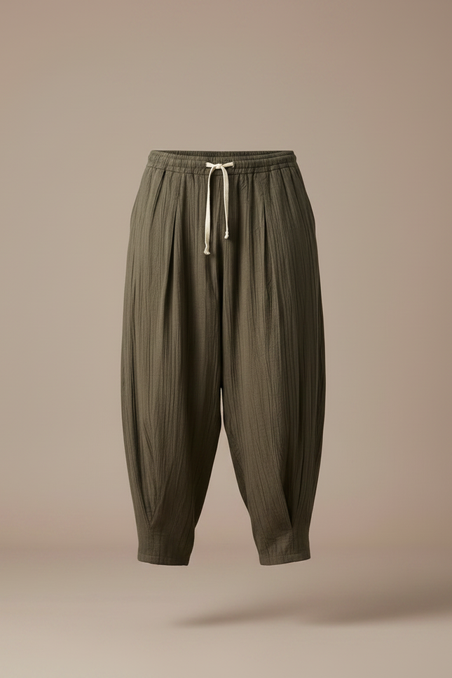 Pantalon Chino Vert Ample Coton Plissé Homme Décontracté - Kaki - vue 3