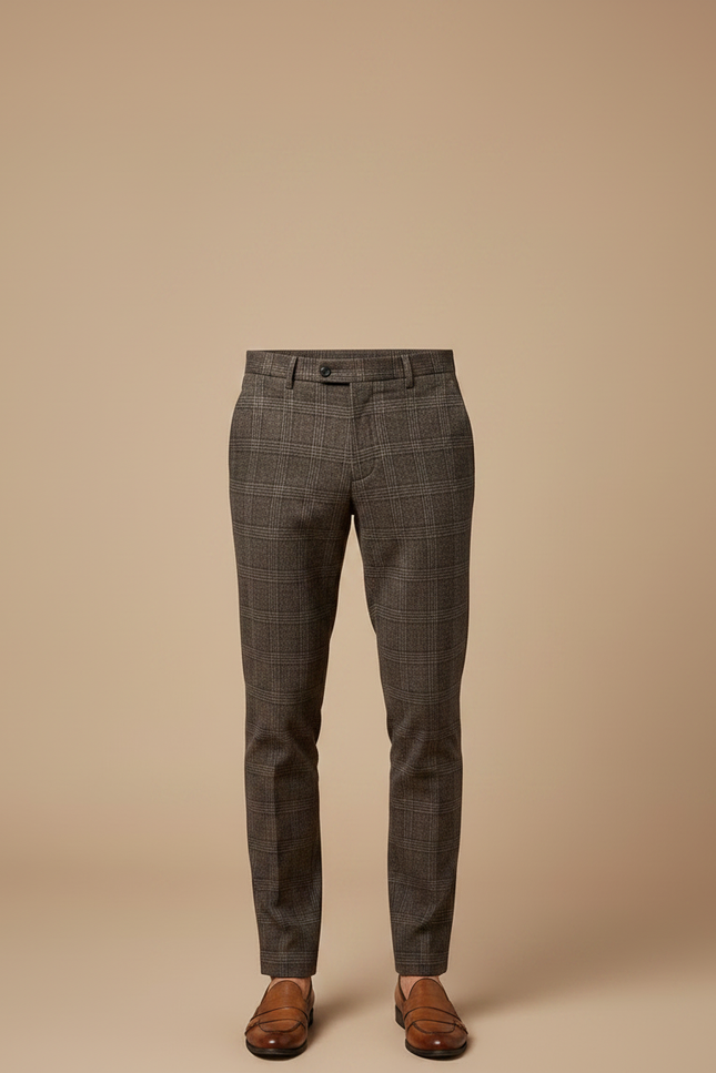 Pantalon Chino Marron Carreaux Slim Élégant Homme - Tweed - vue 3