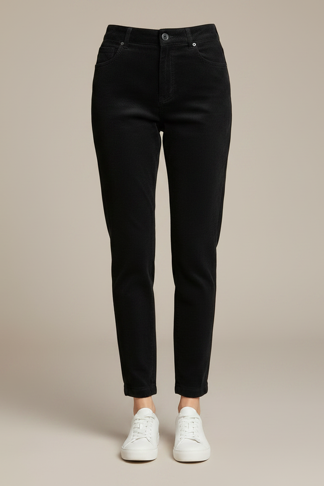Pantalon Chino Noir Côtelé Décontracté Taille Haute Femme - Cordé - vue 3