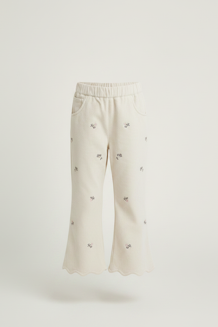 Pantalon Chino Écru Brodé Scalloped Fille Décontracté - Beige Molleton - vue 3